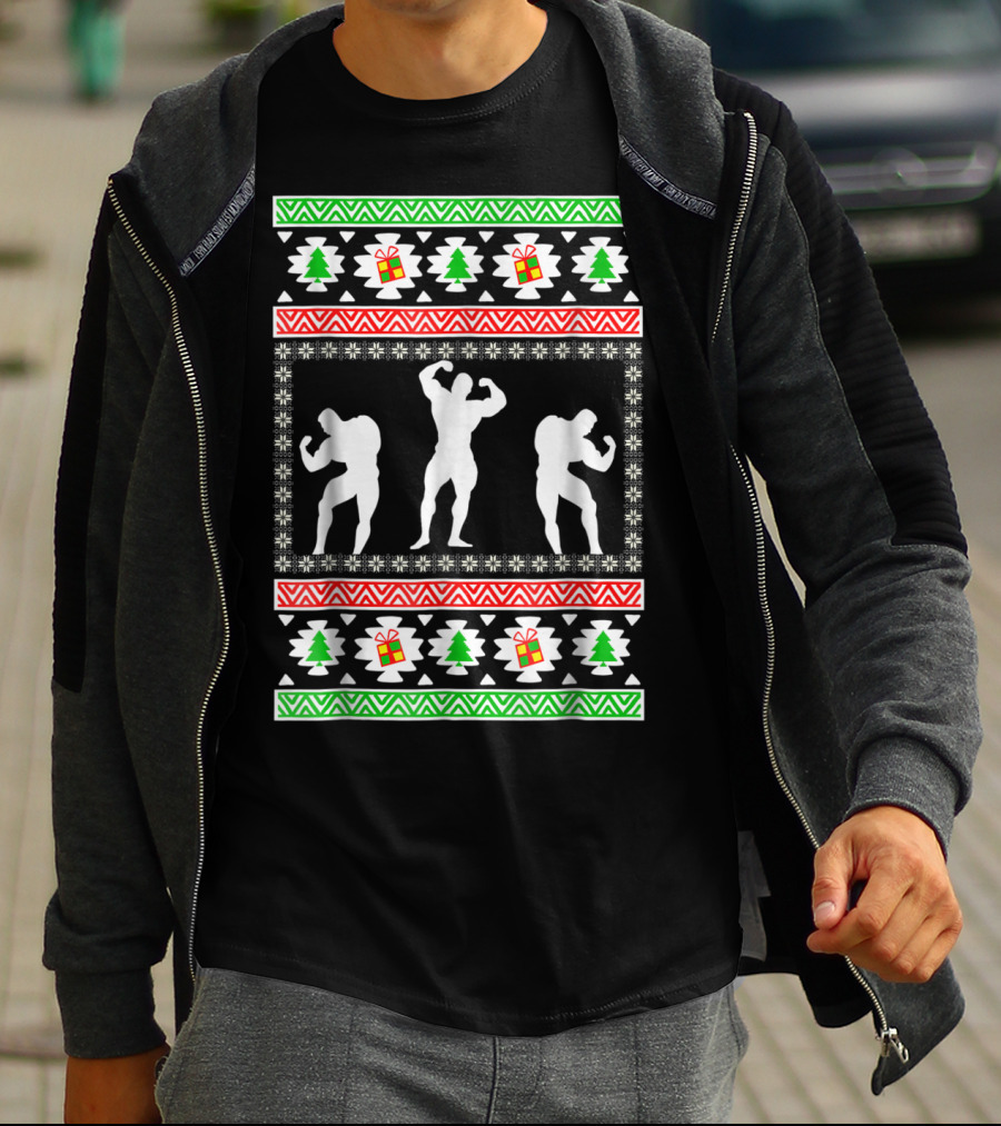 Bodybuilding Christmas Silhouette Trees And Gifts T-Shirt