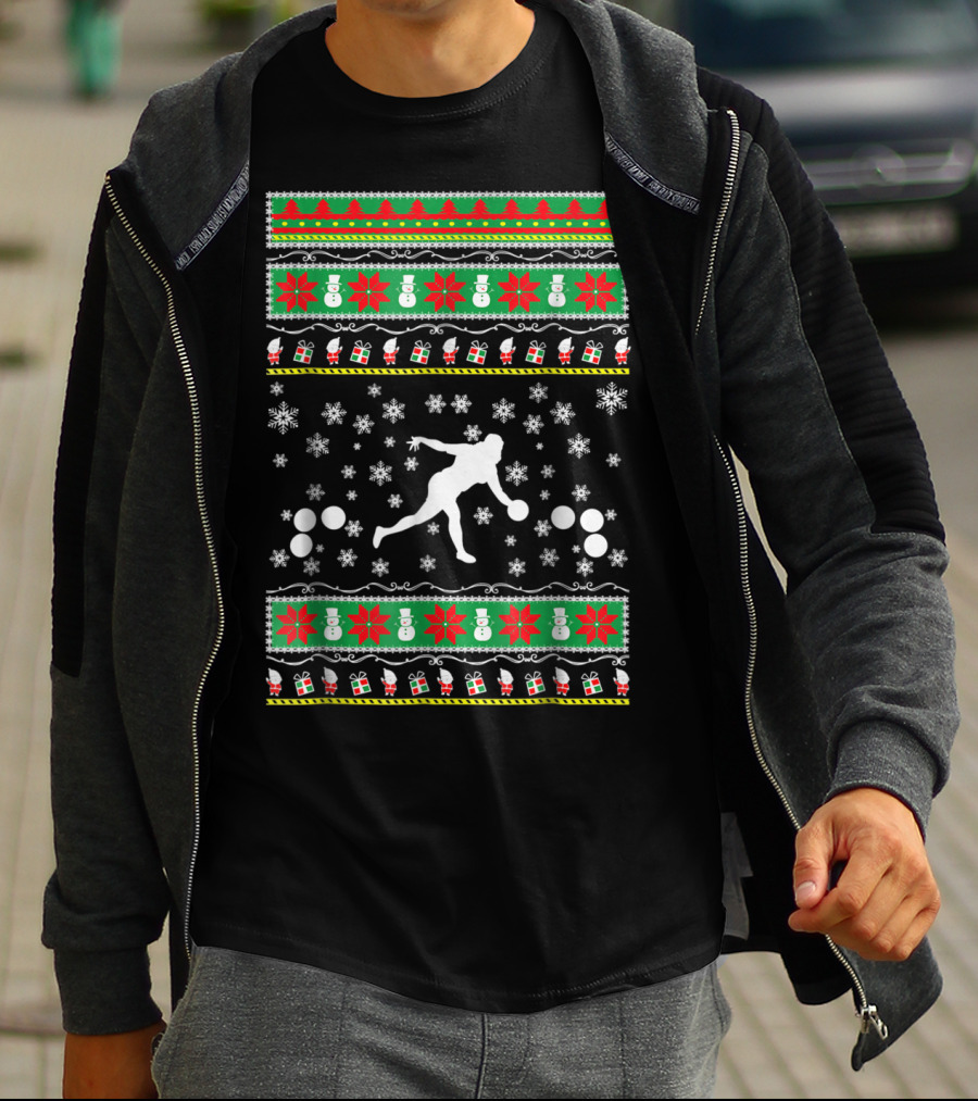 Bocce Ball Ugly Christmas Sweater Themed Dad25 Holiday Snowflakes And Presents T-Shirt