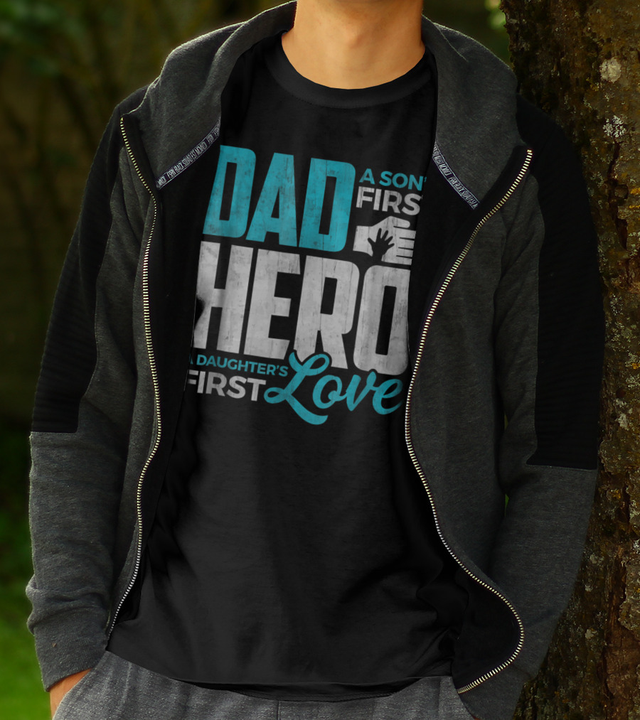 Dad Sons First Hero Daughters First Love Handprint T-Shirt