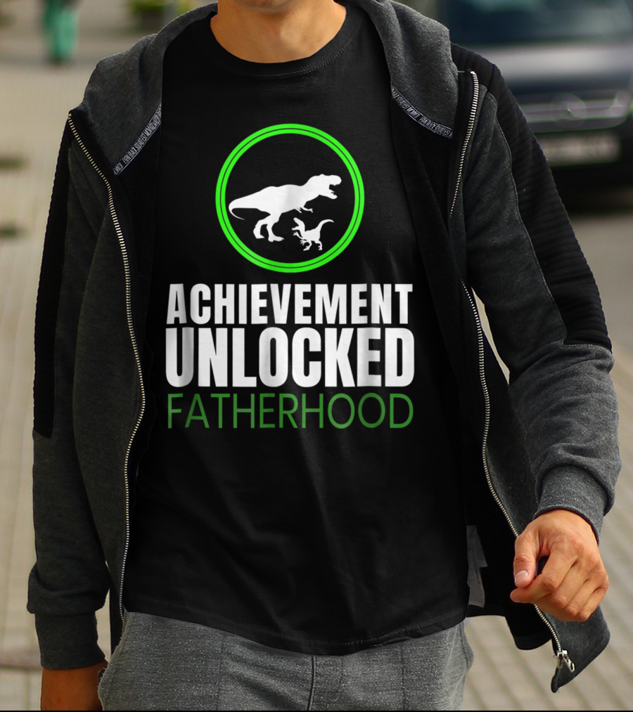 Achievement Unlocked Fatherhood Dinosaur Gaming First Time Dad T-Shirt