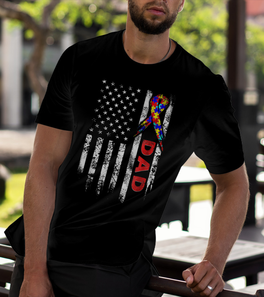 Autism Awareness American Flag Dad Ribbon Puzzle T-Shirt