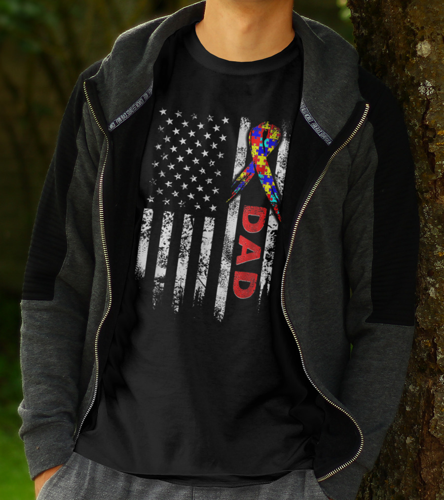 Autism Awareness American Flag Dad Ribbon Puzzle T-Shirt