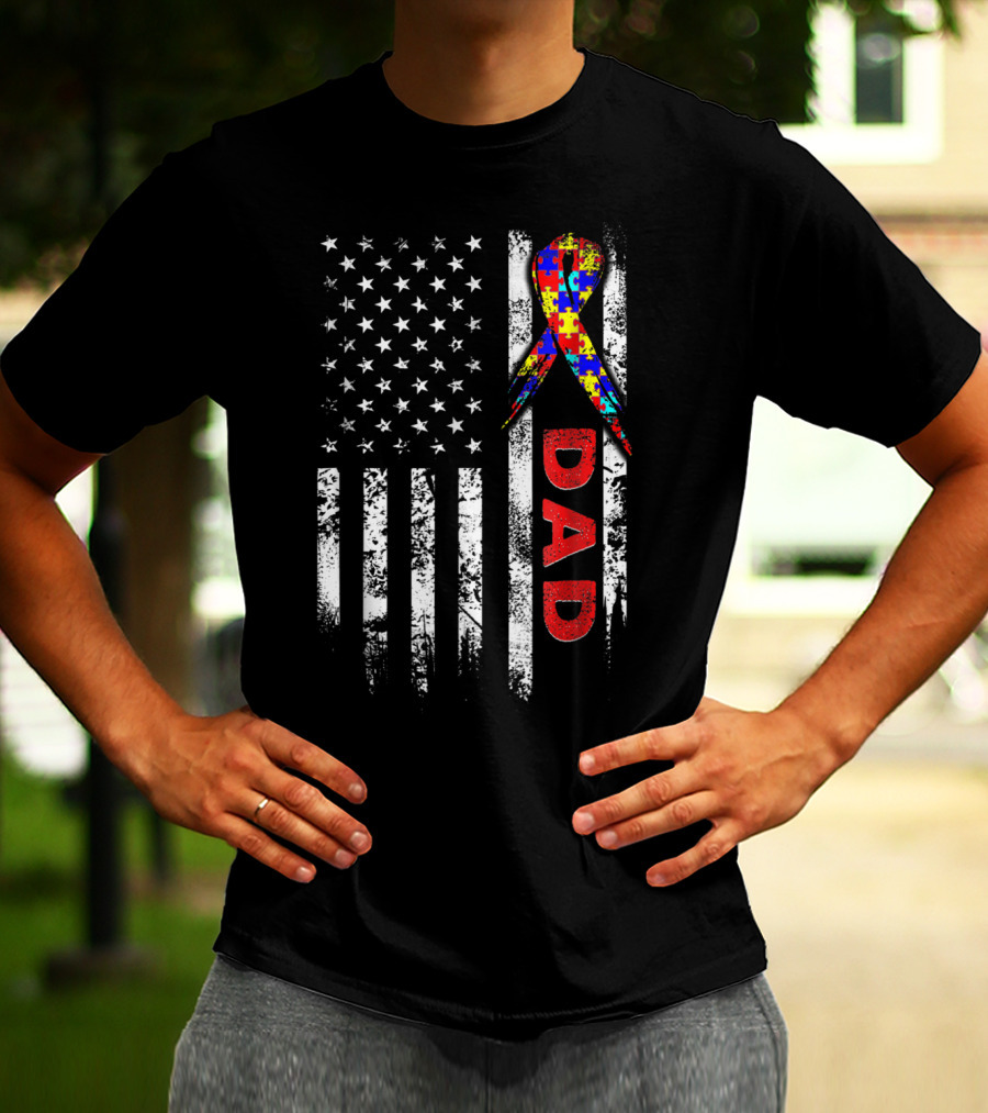 Autism Awareness American Flag Dad Ribbon Puzzle T-Shirt