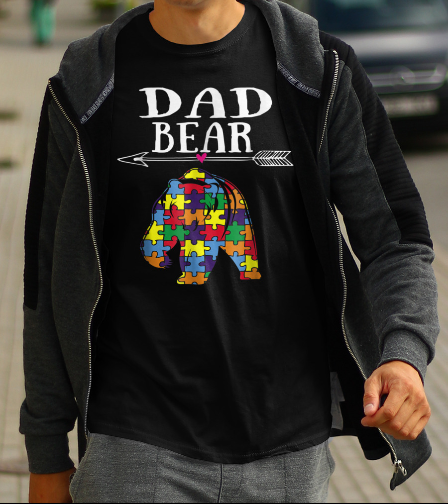 Dad Bear Autism Awareness Puzzle Pieces Arrow T-Shirt