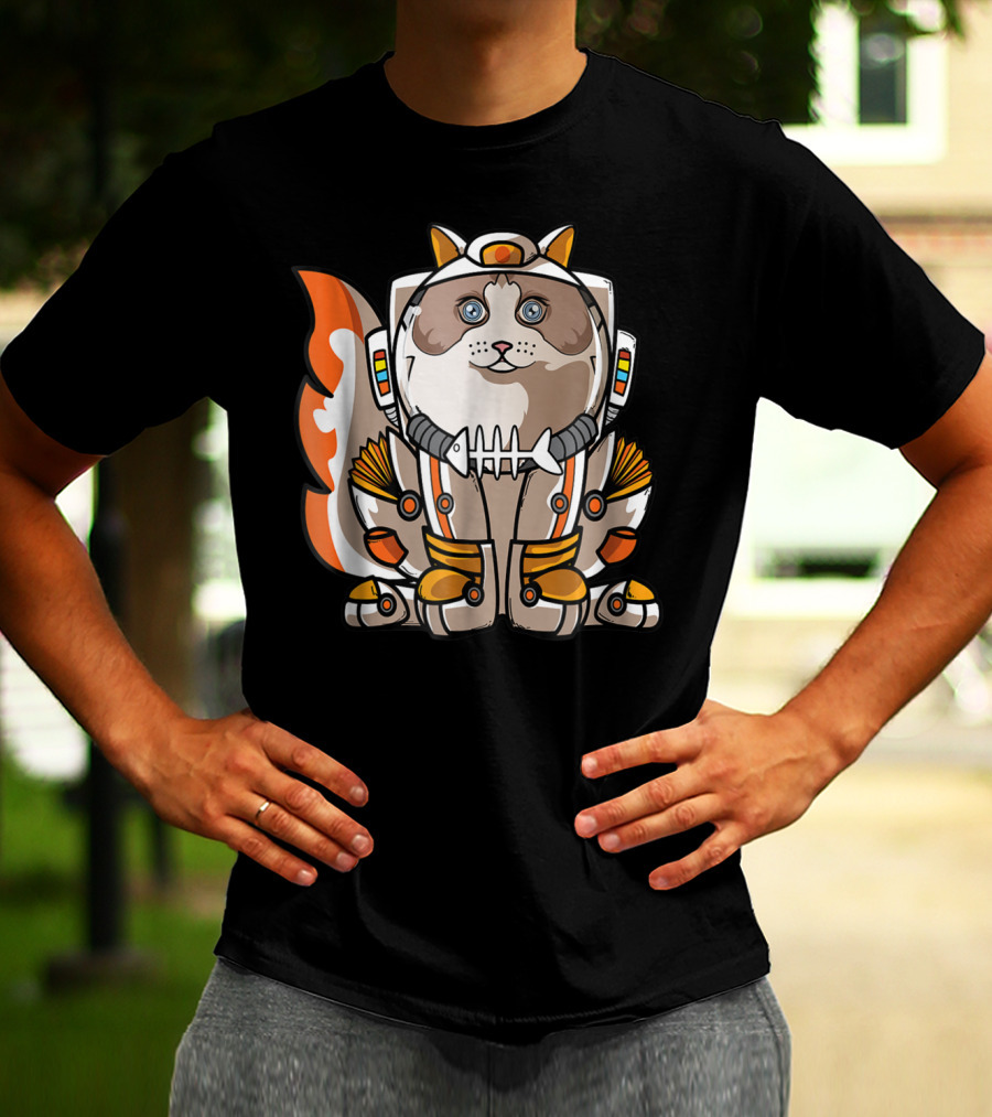 Christmas Space Ragdoll Suit Cat Astronaut With Fish Bone Helmet T-Shirt