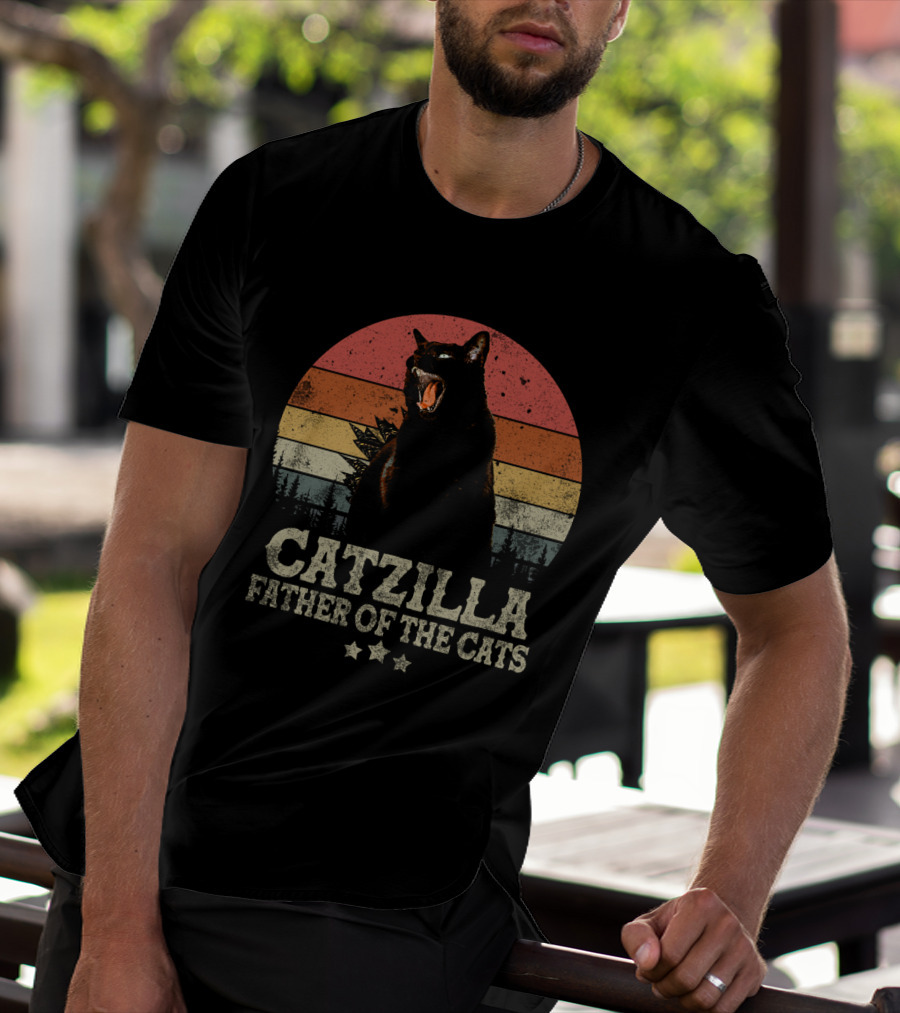 Catzilla Father Of The Cats Retro Sunset Roar T-Shirt
