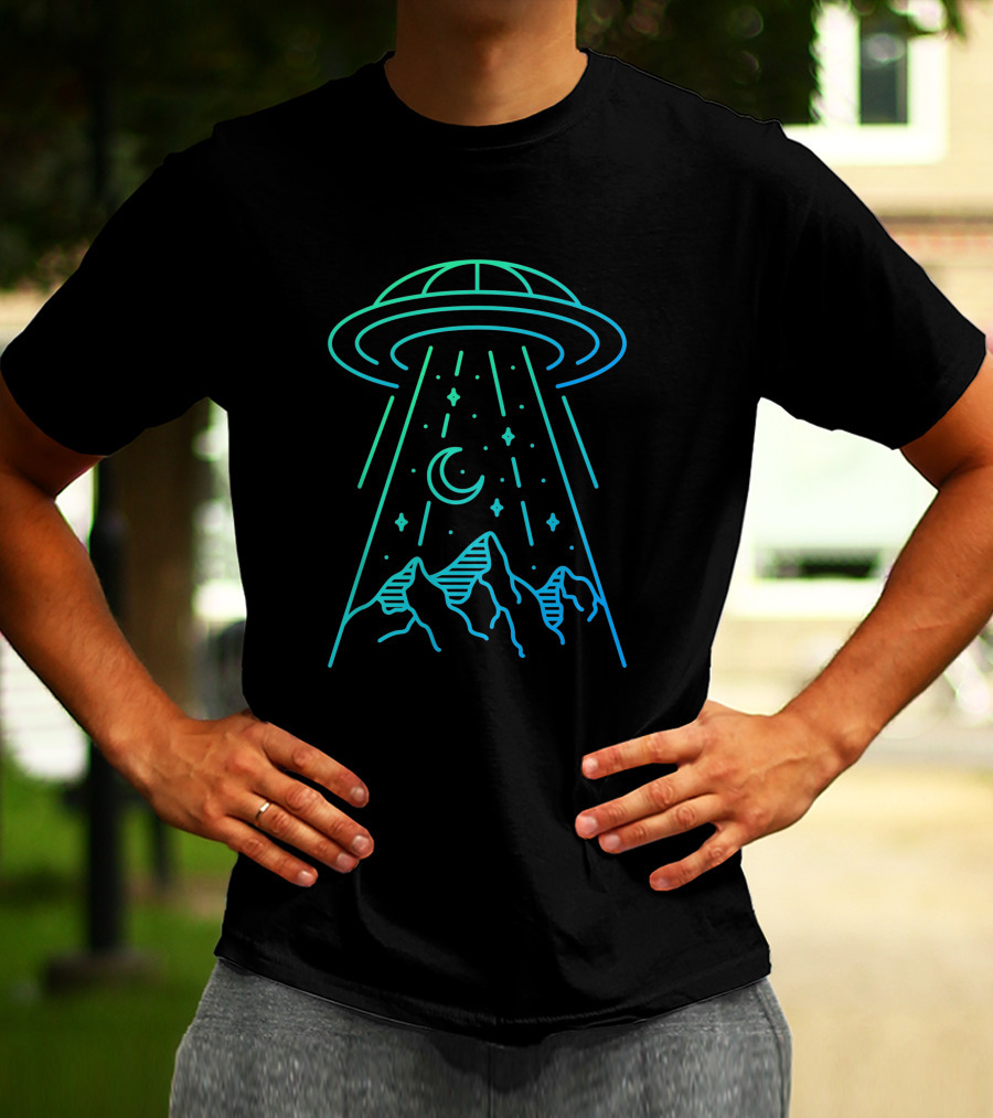 UFO In Mountain Landscape With Starry Sky And Crescent Moon T-Shirt