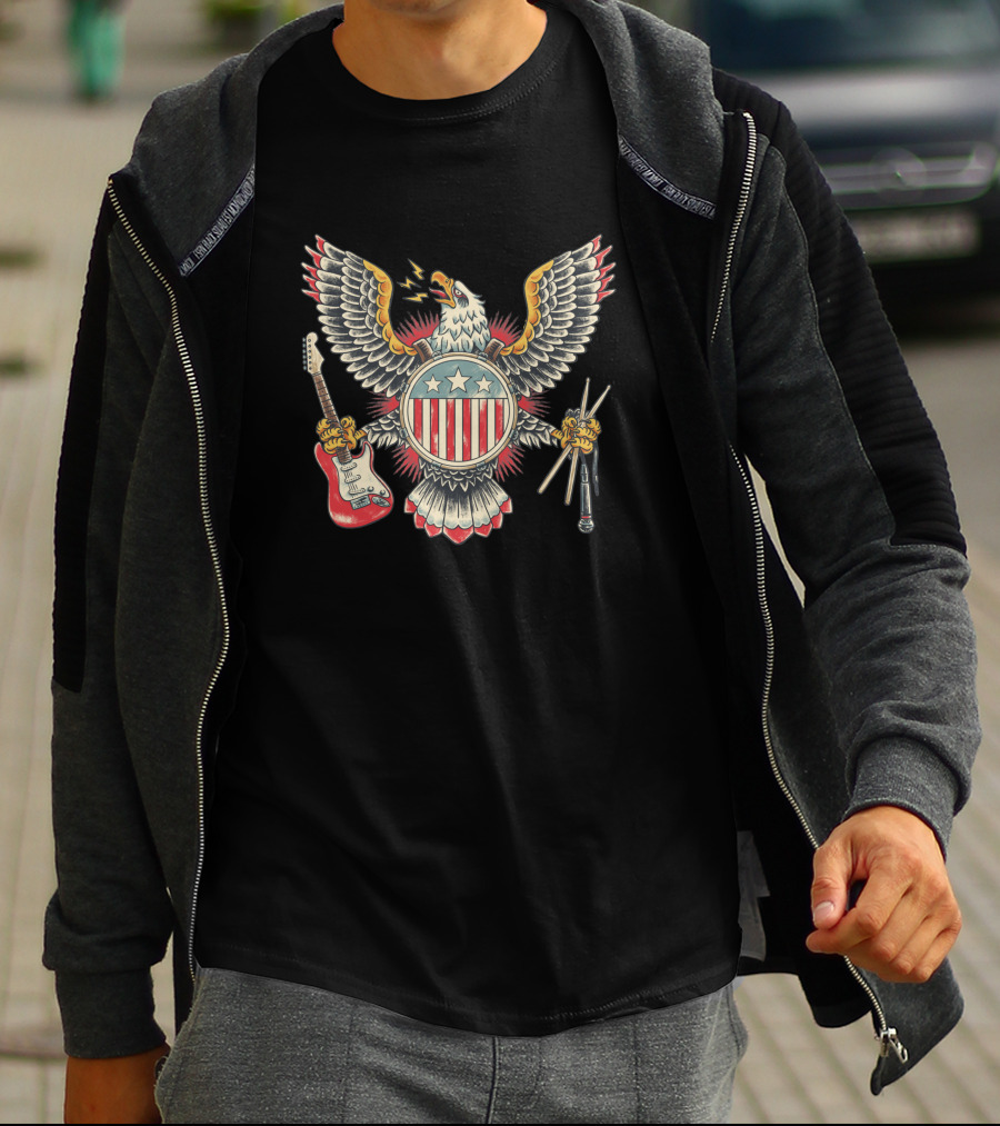 American Rockstar Eagle With Guitar And Drumsticks T-Shirt