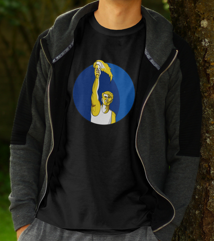 Athlete Holding Flaming Torch In Blue Circle Drawing T-Shirt