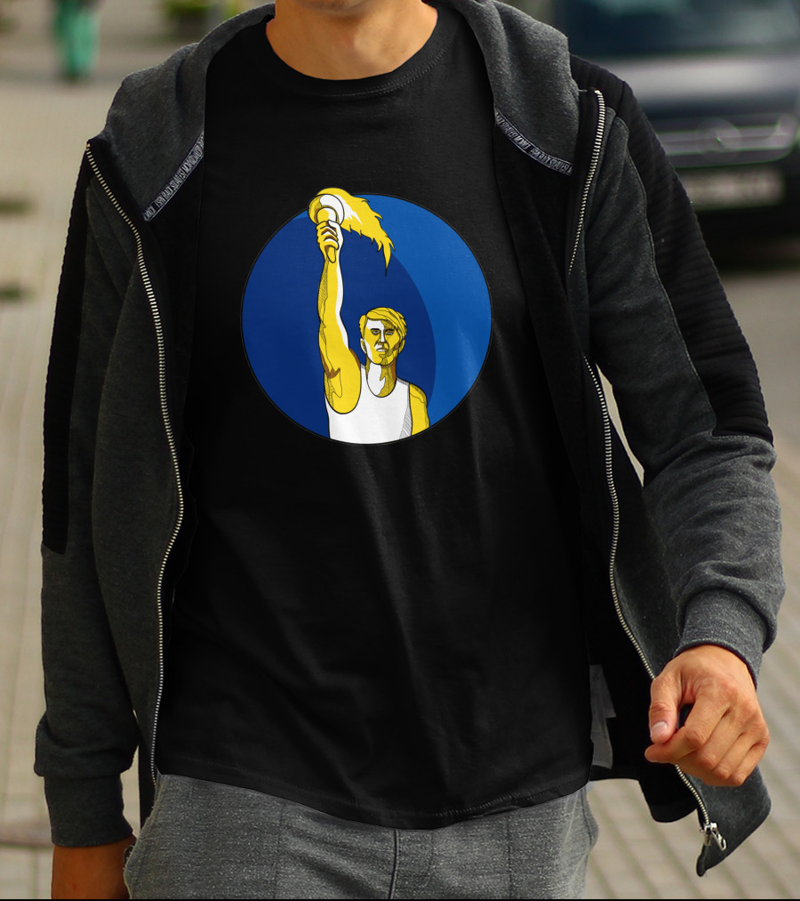 Athlete Holding Flaming Torch In Blue Circle Drawing T-Shirt