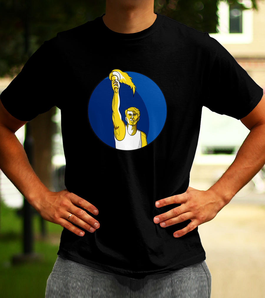Athlete Holding Flaming Torch In Blue Circle Drawing T-Shirt
