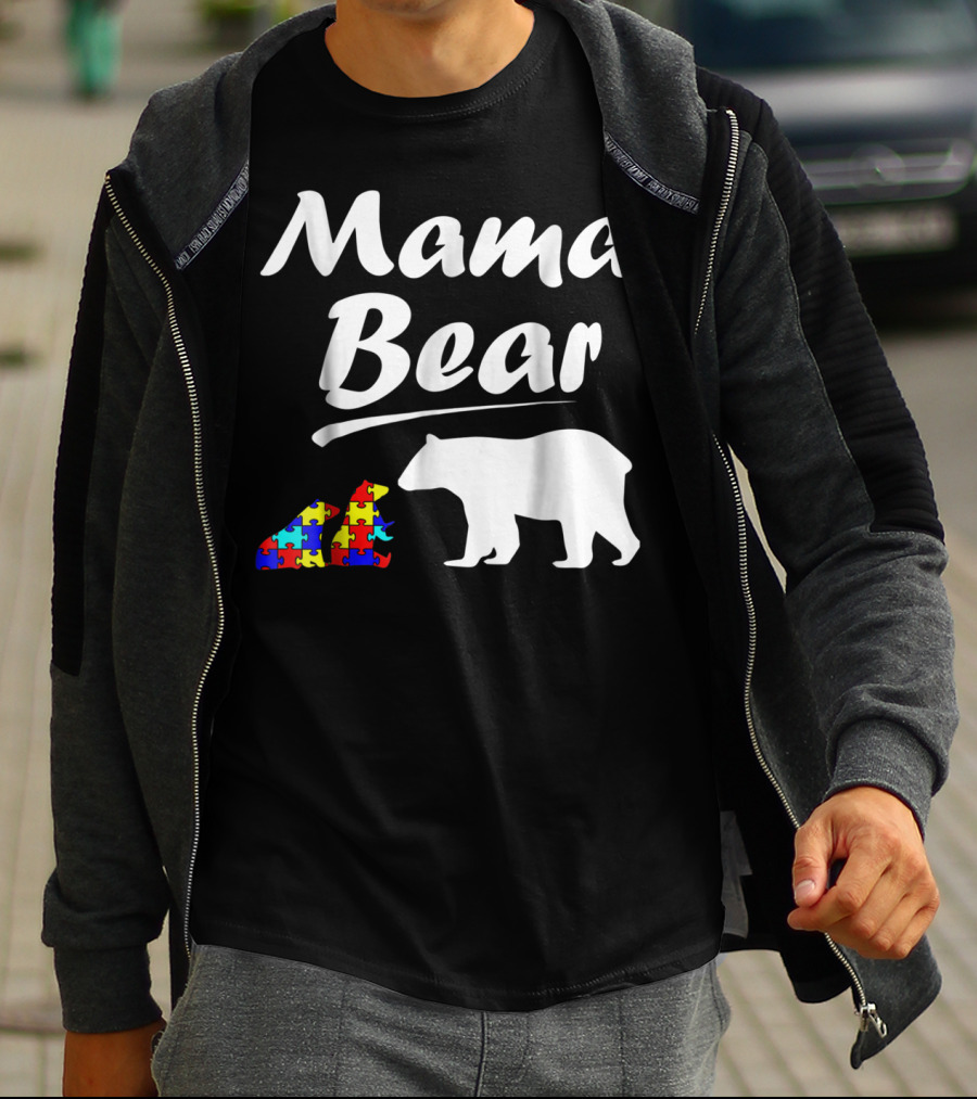 Mama Bear Autism Awareness Mom With Two Puzzle Piece Cubs T-Shirt