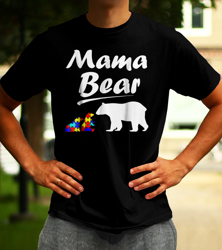 Mama Bear Autism Awareness Mom With Two Puzzle Piece Cubs T-Shirt