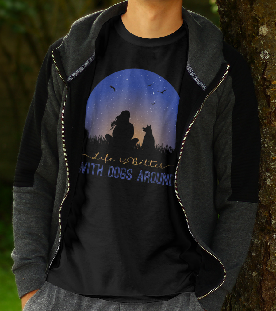 Life Is Better With Dogs Around Silhouette Under Starry Sky T-Shirt