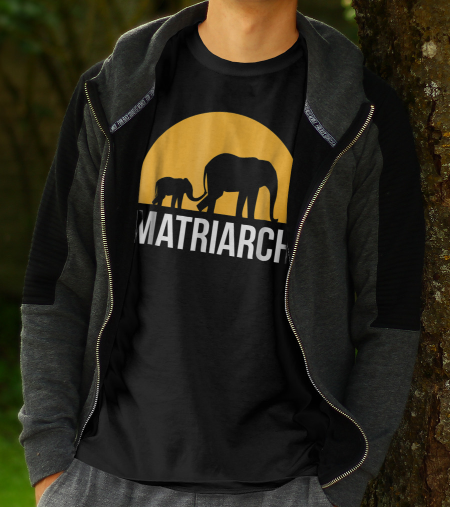 Matriarch Elephant Silhouette With Yellow Sunset Circle T-Shirt