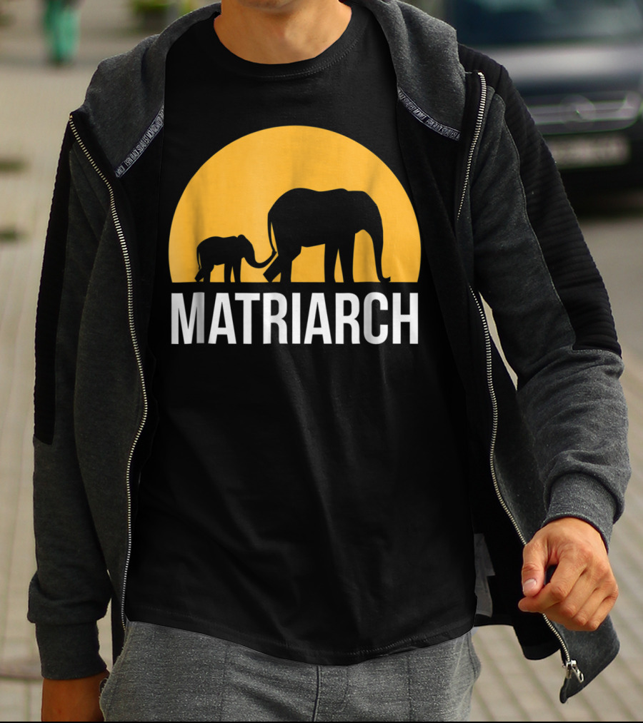 Matriarch Elephant Silhouette With Yellow Sunset Circle T-Shirt