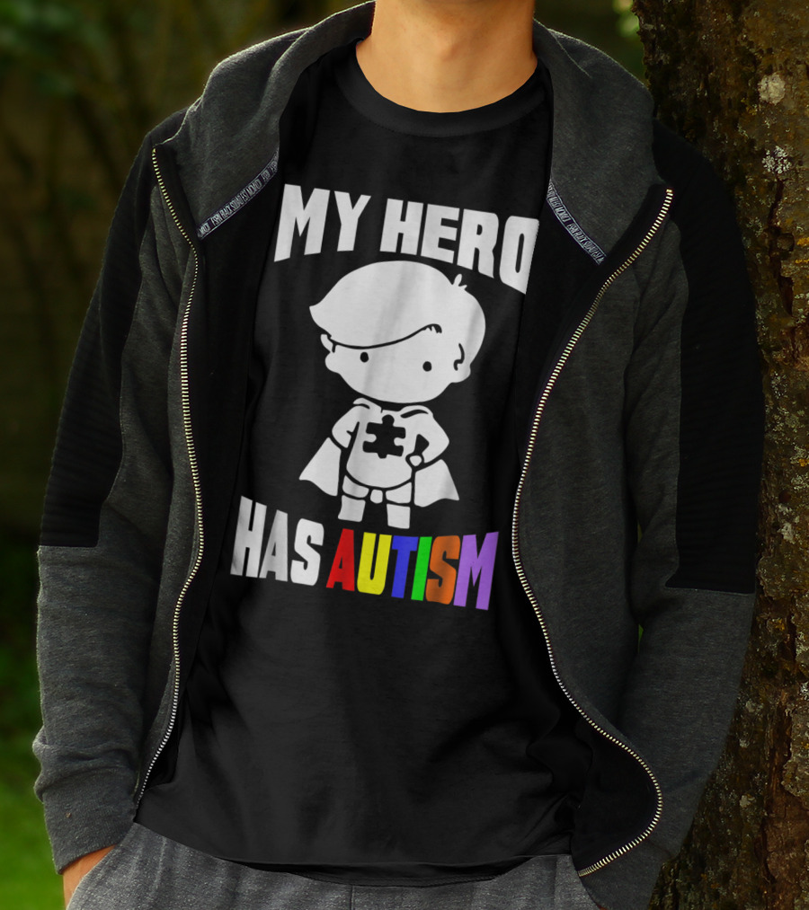 My Hero Has Autism Mom From Son56 Puzzle Cape Hero T-Shirt