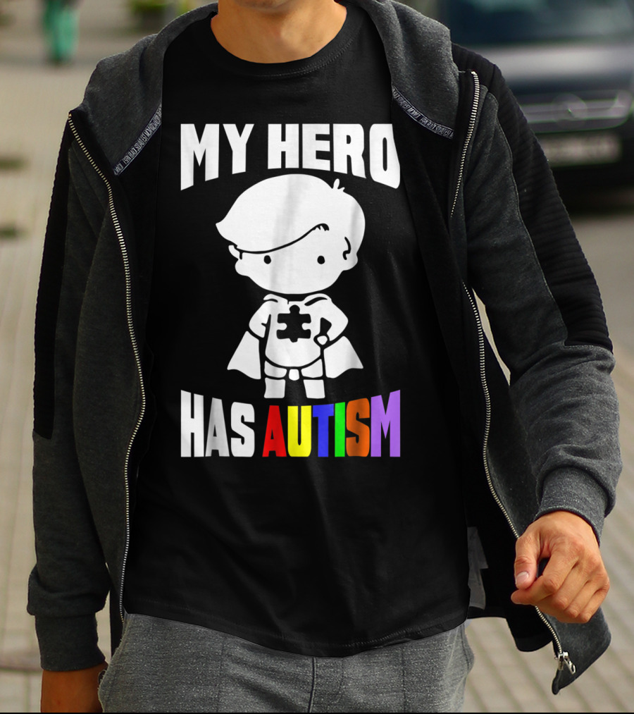 My Hero Has Autism Mom From Son56 Puzzle Cape Hero T-Shirt