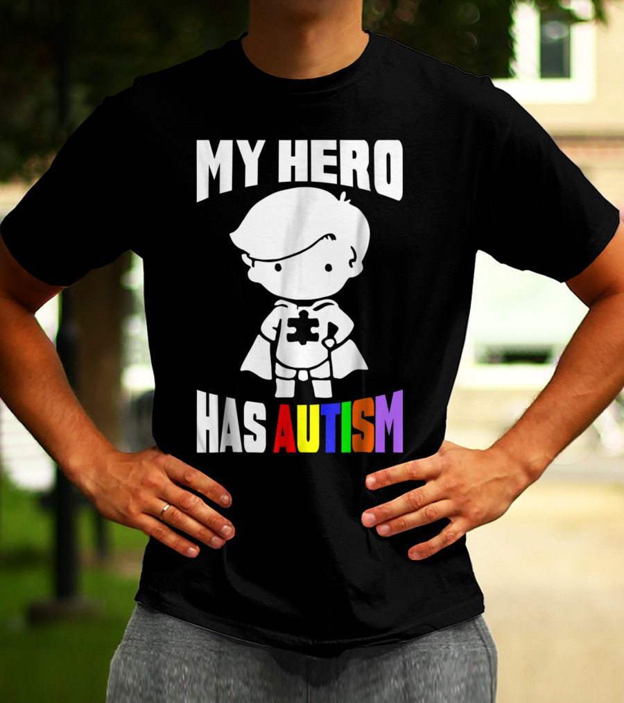 My Hero Has Autism Mom From Son56 Puzzle Cape Hero T-Shirt