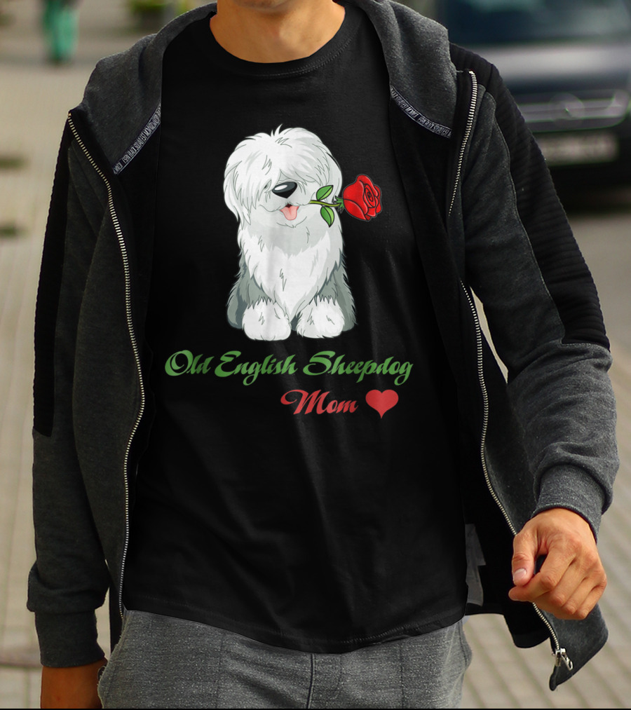 Old English Sheepdog Mom Heart Rose T-Shirt