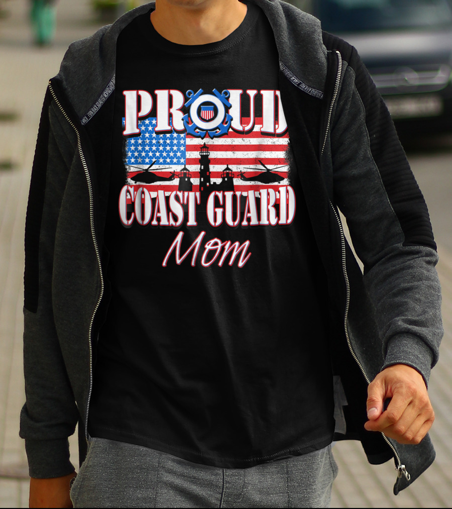 Proud Coast Guard Mom USA Flag Helicopters Lighthouse T-Shirt