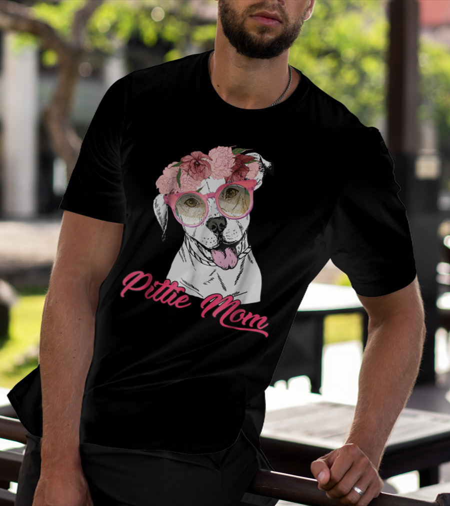 Pittie Mom With Flower Crown And Sunglasses Pitbull T-Shirt