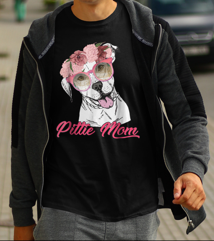 Pittie Mom With Flower Crown And Sunglasses Pitbull T-Shirt