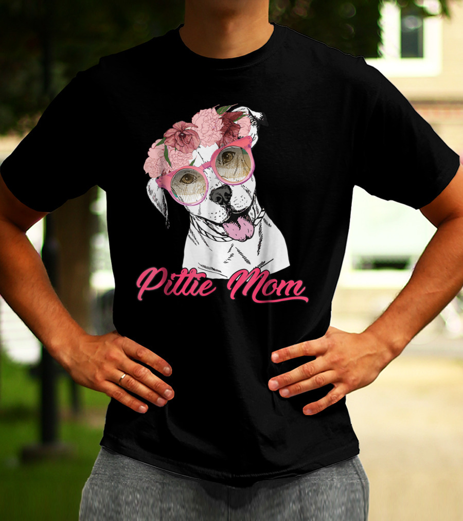 Pittie Mom With Flower Crown And Sunglasses Pitbull T-Shirt