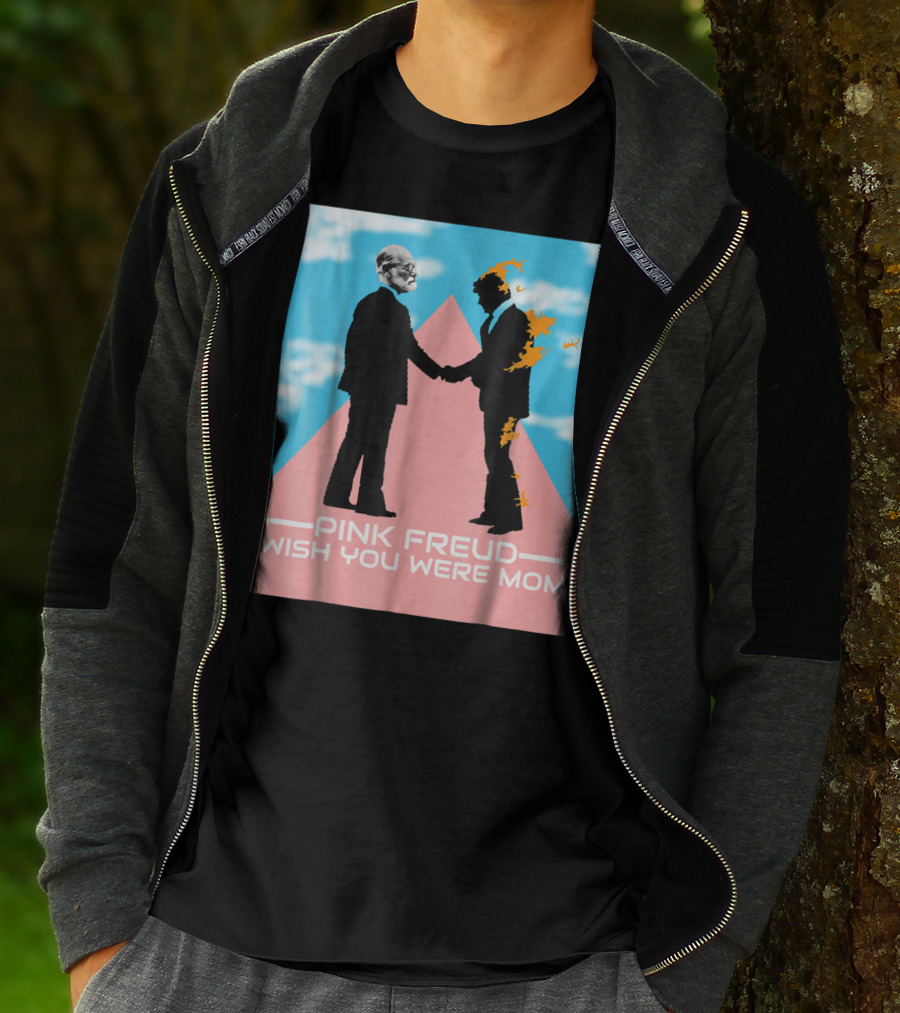 Pink Freud Wish You Were Mom Band Silhouettes On Pink Triangle With Blue Sky Background T-Shirt