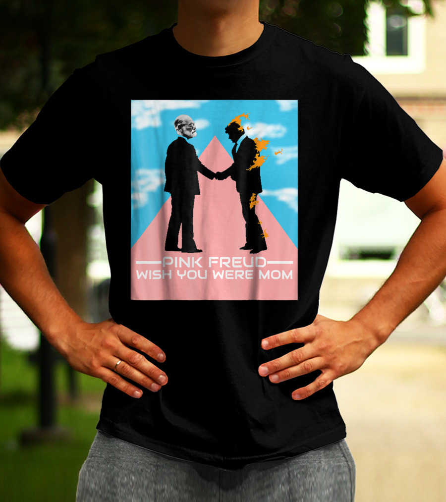 Pink Freud Wish You Were Mom Band Silhouettes On Pink Triangle With Blue Sky Background T-Shirt