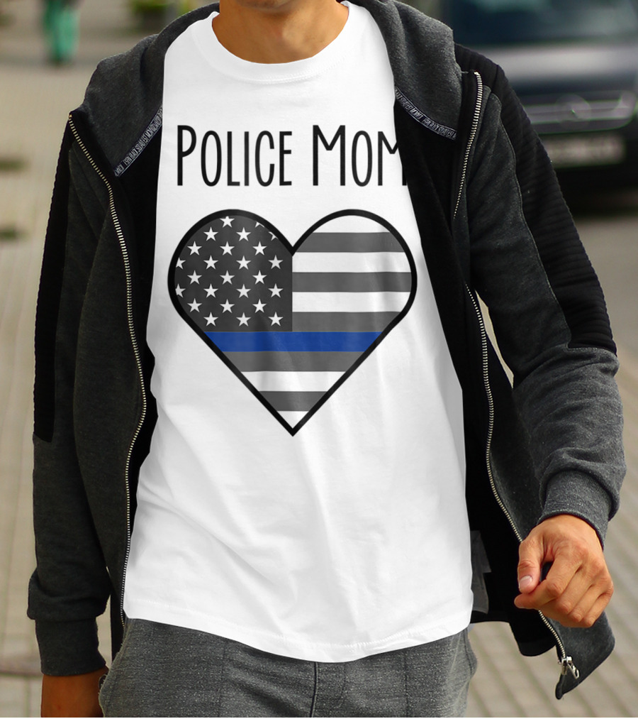 Police Mom Heart Thin Blue Line American Flag T-Shirt