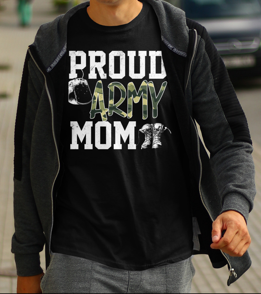 Proud Army Mom Boots Helmet Camouflage Text T-Shirt
