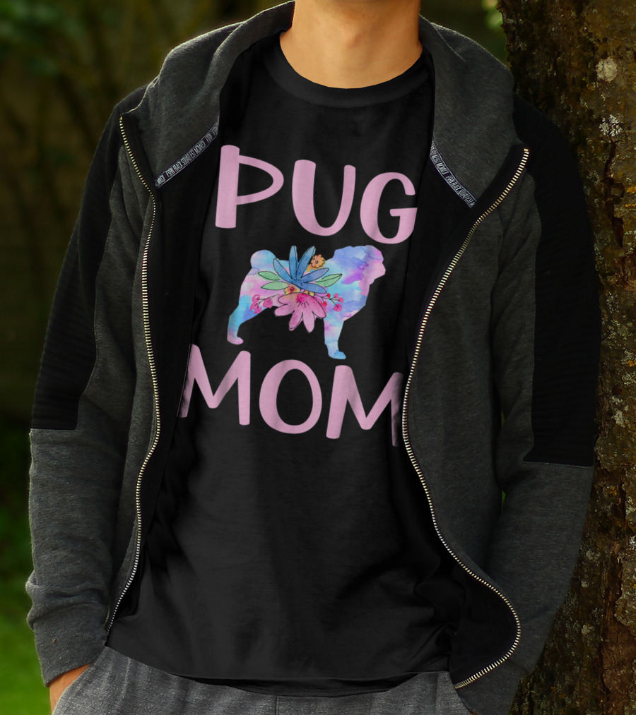 Pug Mom Floral Watercolor Silhouette Cute Pug Owner T-Shirt
