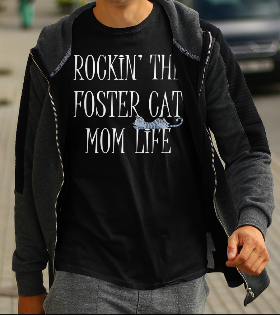Rockin' The Foster Cat Mom Life Rescue Cat Striped Cartoon T-Shirt