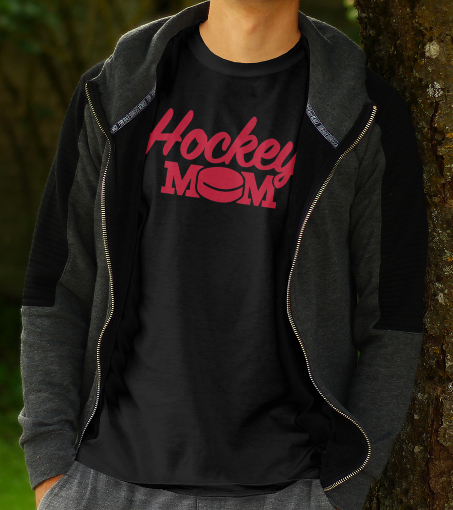 Hockey Mom Fitted Red Text With Puck T-Shirt