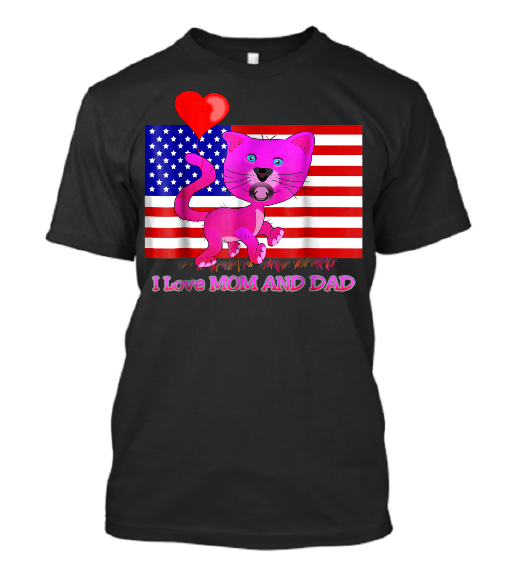 I Love Mom And Dad US Patriotic Pink Cat With Heart And Flag Background T-Shirt