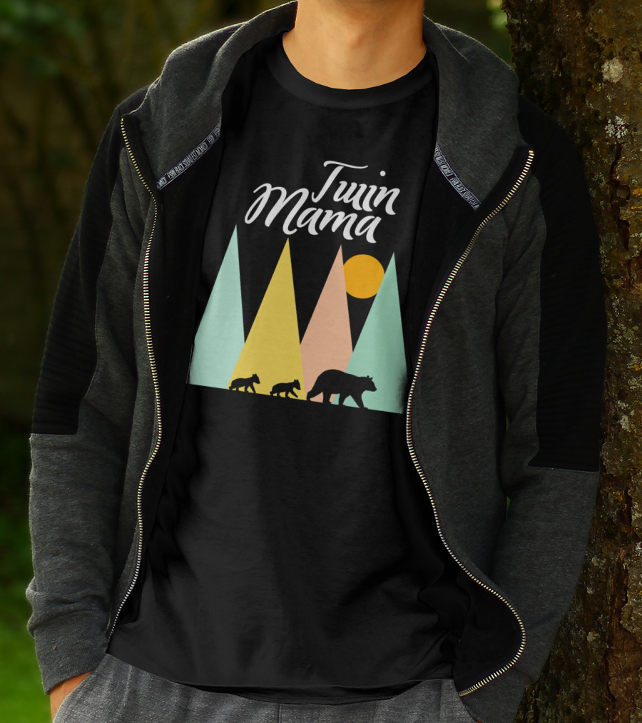 Twin Mama Bear Camping With Cubs In Forest T-Shirt