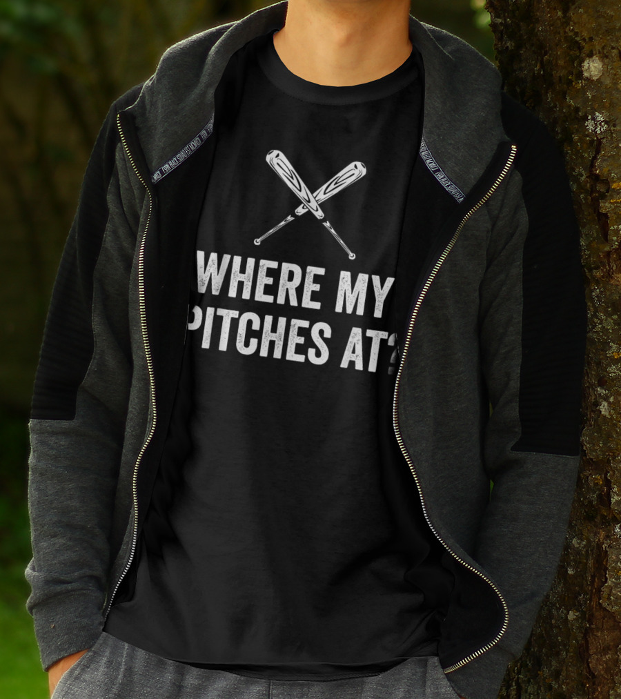 Where My Pitches At Funny Baseball Bats Iconic Humor T-Shirt