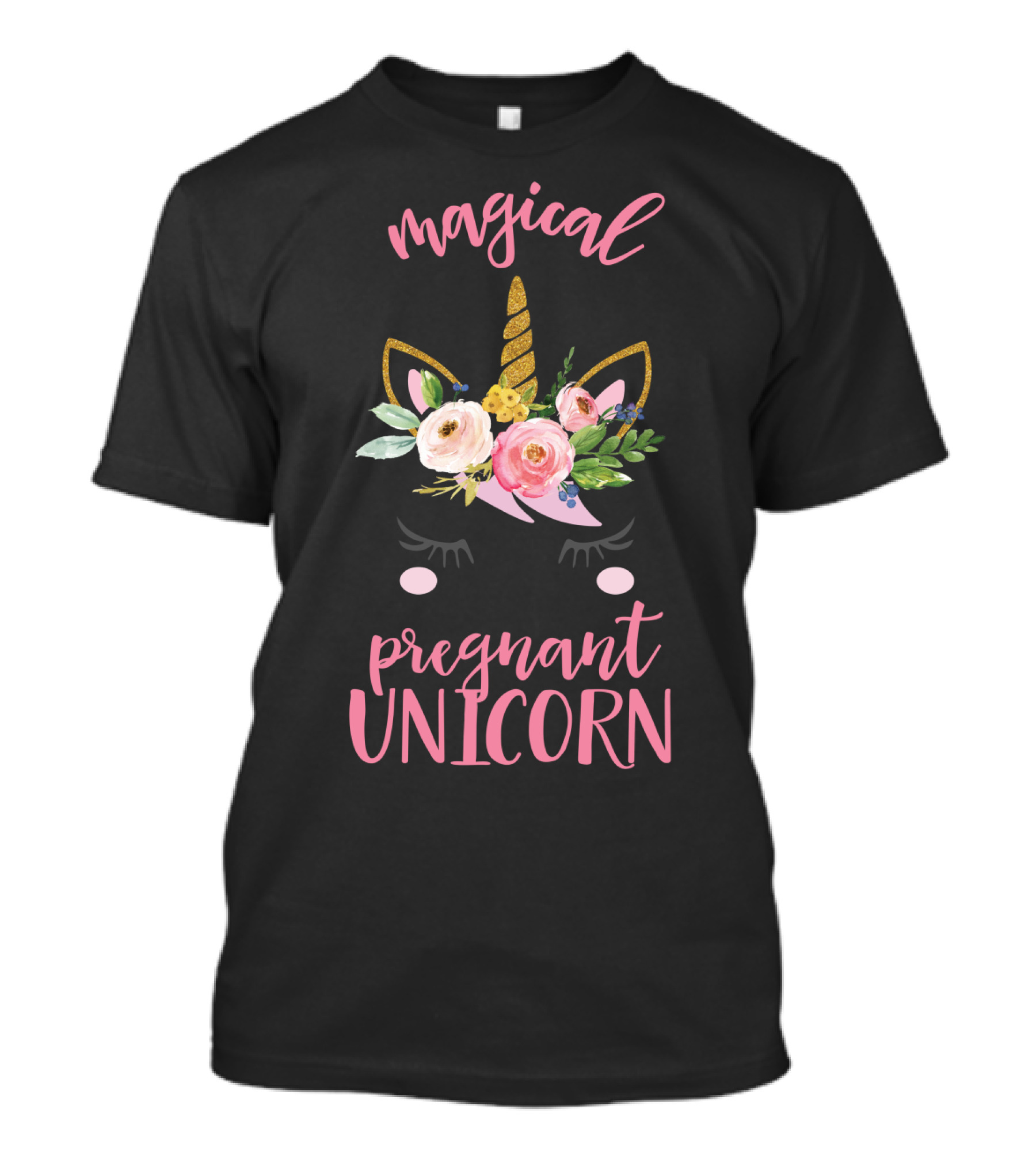 Magical Pregnant Unicorn Floral Horn T-Shirt