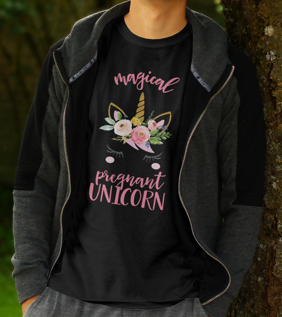 Magical Pregnant Unicorn Floral Horn T-Shirt