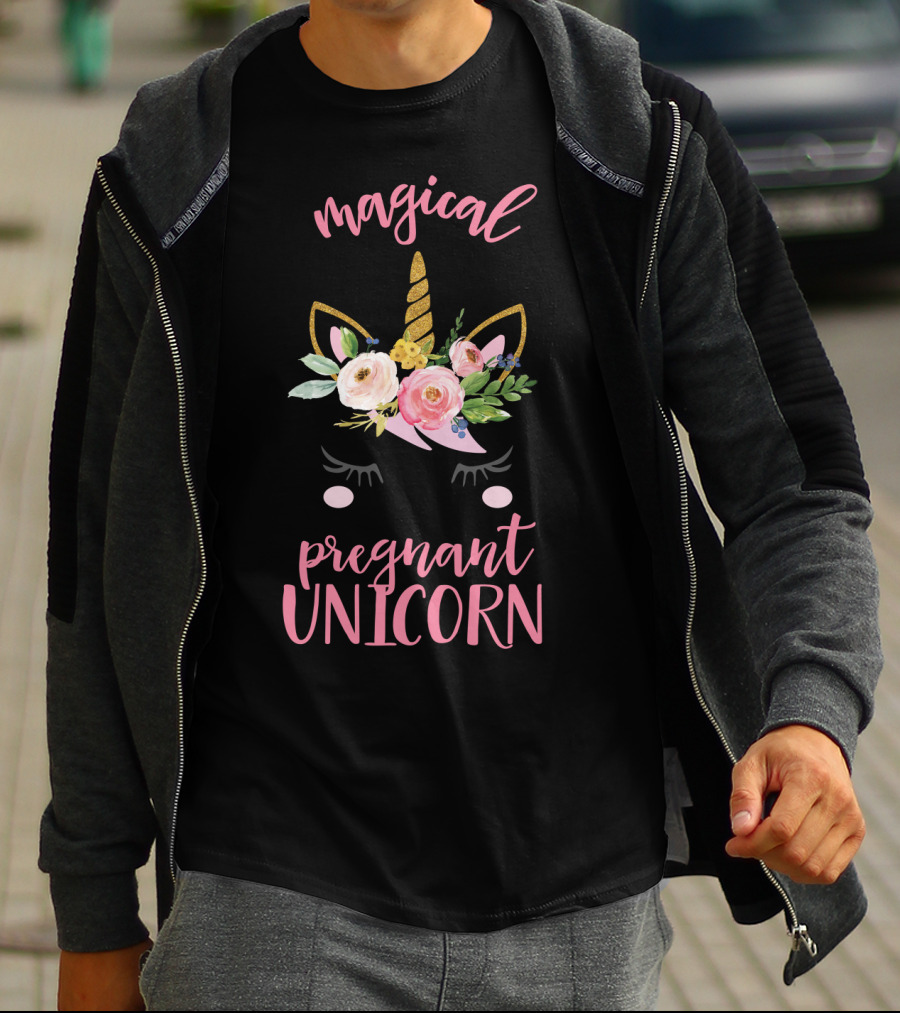 Magical Pregnant Unicorn Floral Horn T-Shirt