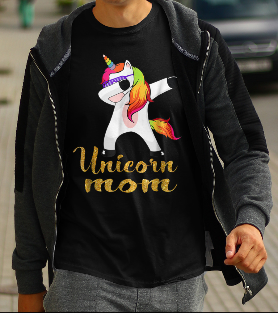 Unicorn Mom Glitter Text Rainbow Hair Dabbing Unicorn T-Shirt
