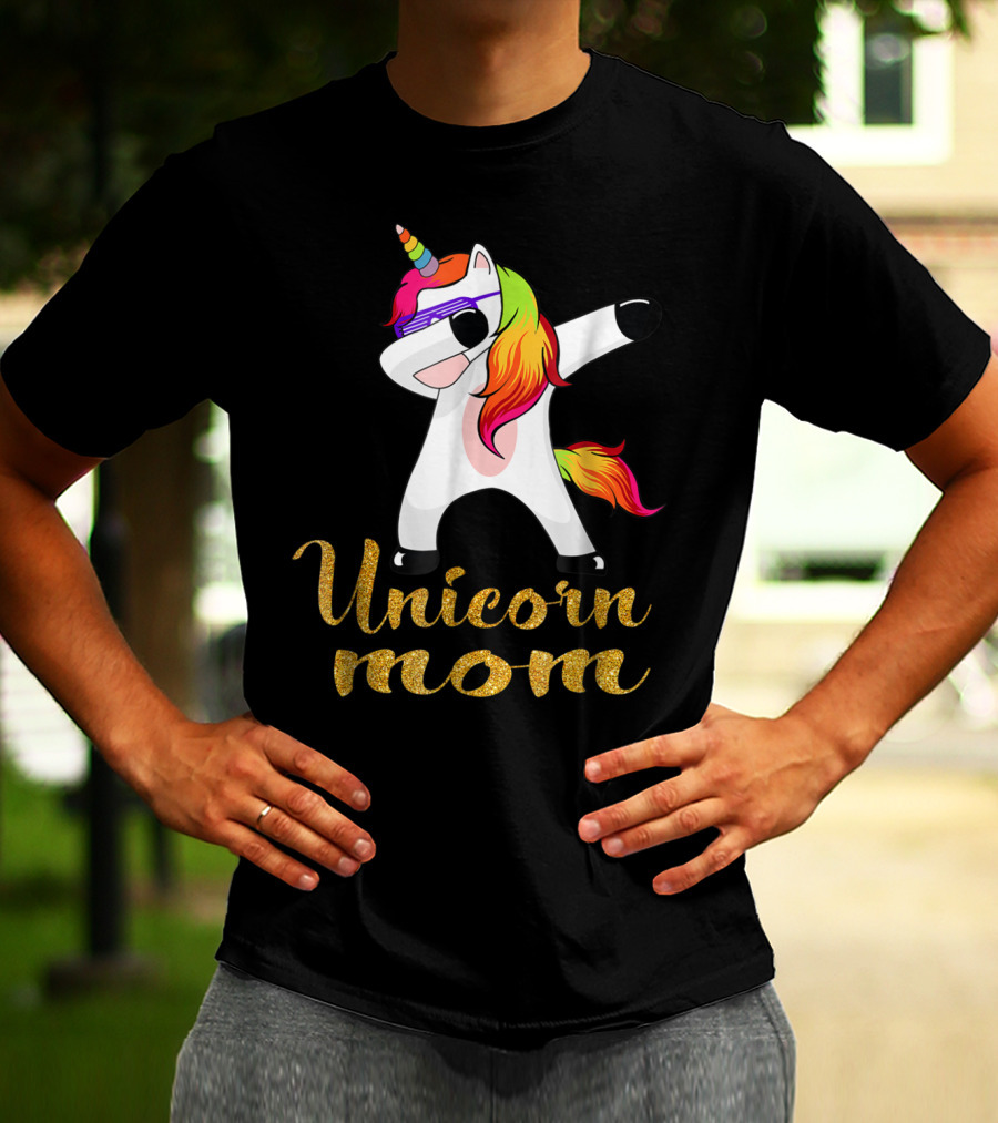 Unicorn Mom Glitter Text Rainbow Hair Dabbing Unicorn T-Shirt