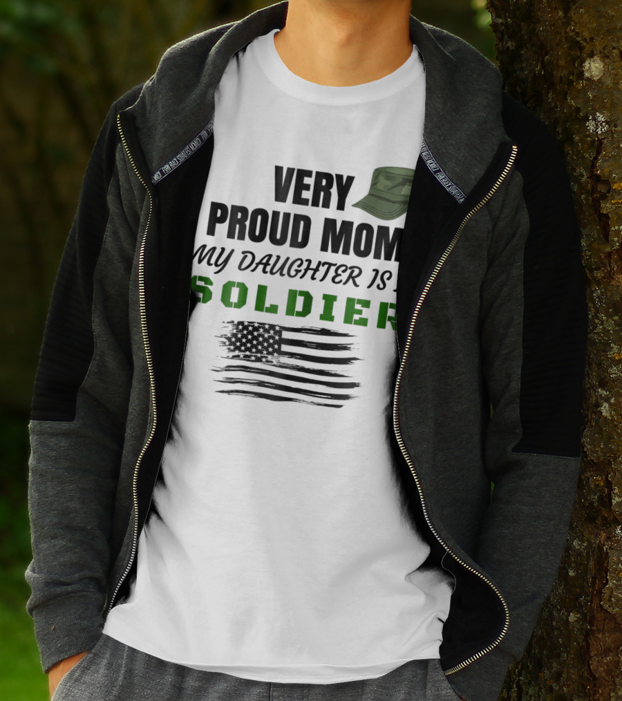 Very Proud Mom My Daughter Is A Soldier Camouflage Hat And American Flag T-Shirt