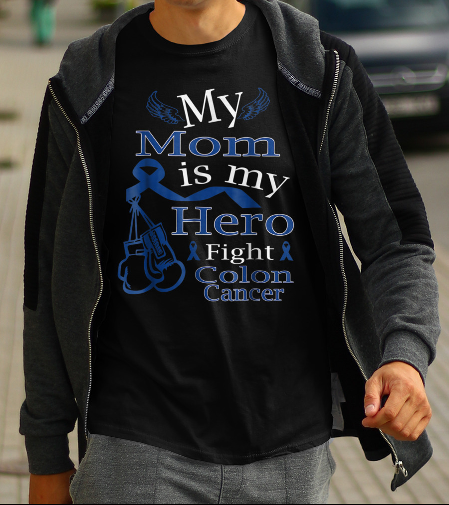 My Mom Is My Hero Fight Colon Cancer Blue Ribbon Boxing Gloves T-Shirt