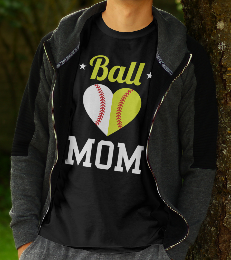 Ball Mom Heart Baseball Softball Dual Sports Mom T-Shirt