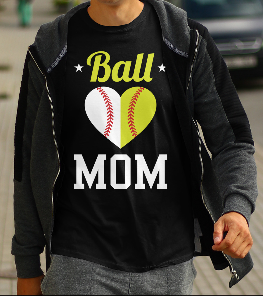 Ball Mom Heart Baseball Softball Dual Sports Mom T-Shirt