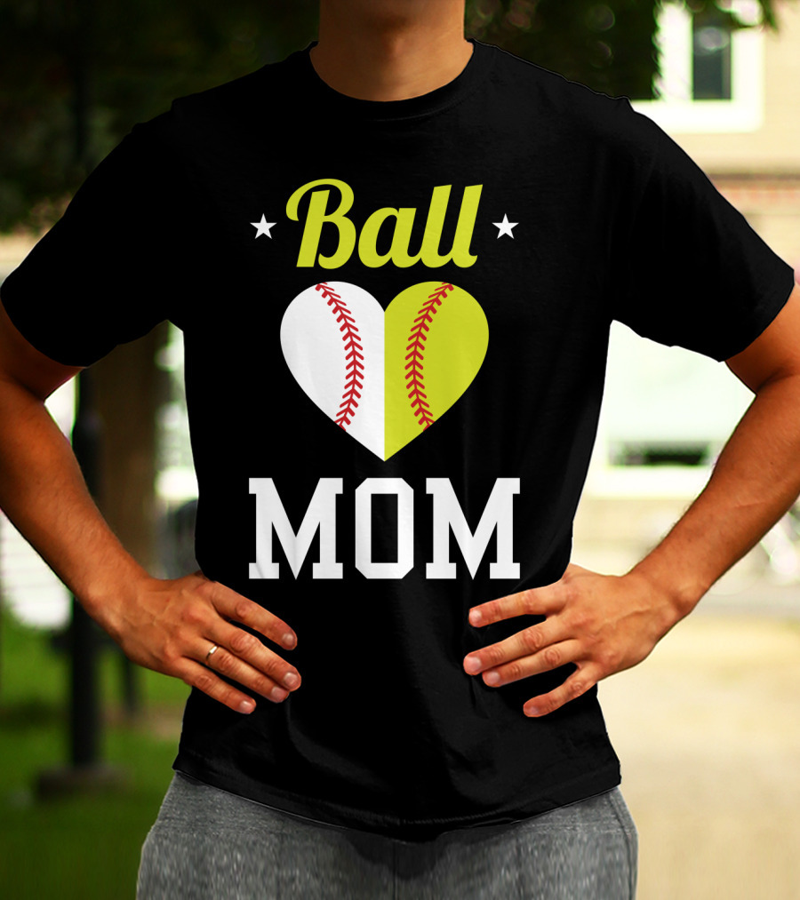 Ball Mom Heart Baseball Softball Dual Sports Mom T-Shirt