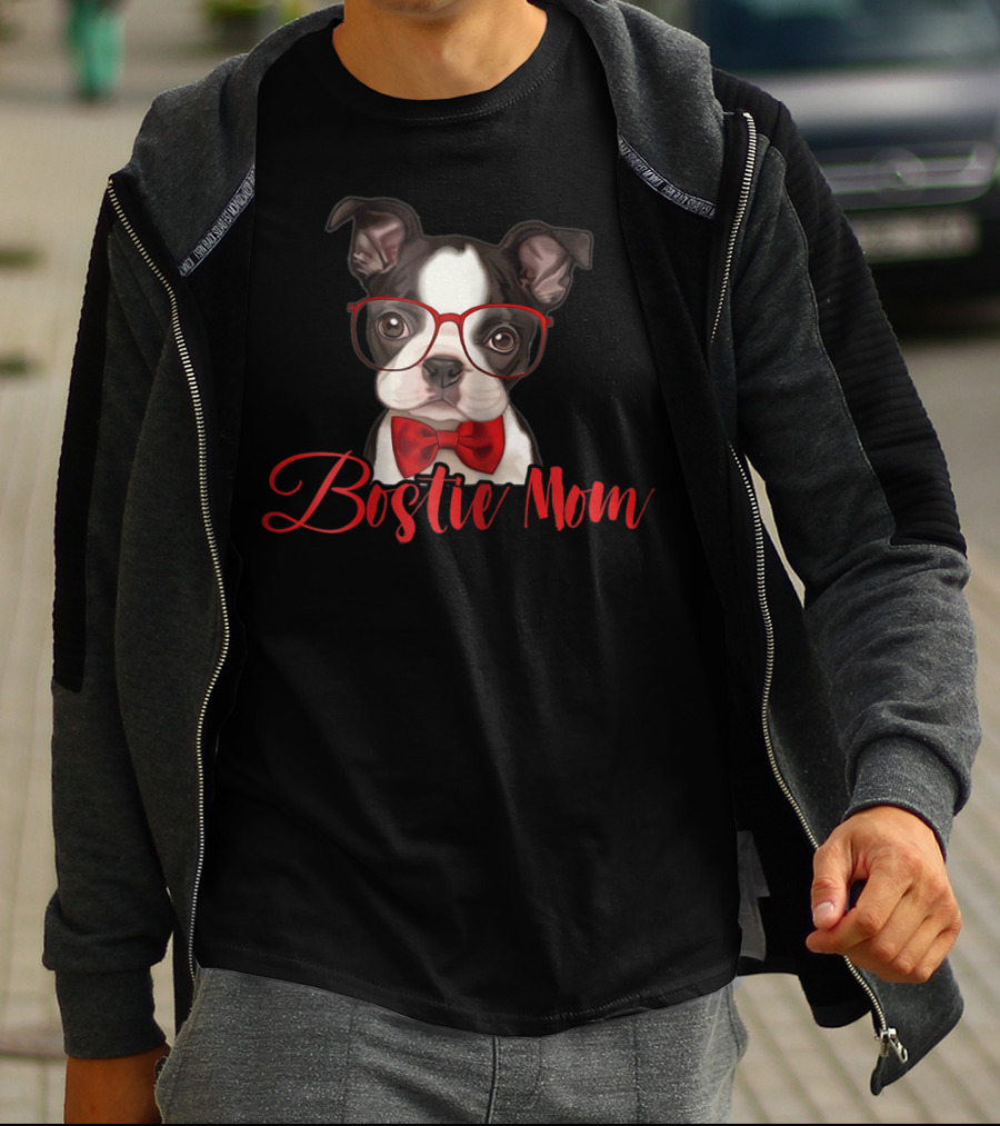 Bostie Mom Funny Boston Dog With Glasses And Bow Tie T-Shirt