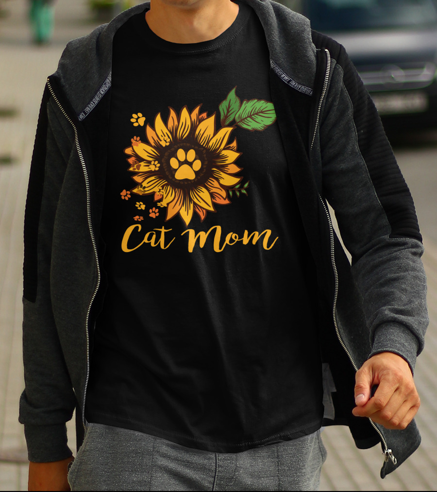 Cat Mom Sunflower Paw Prints T-Shirt
